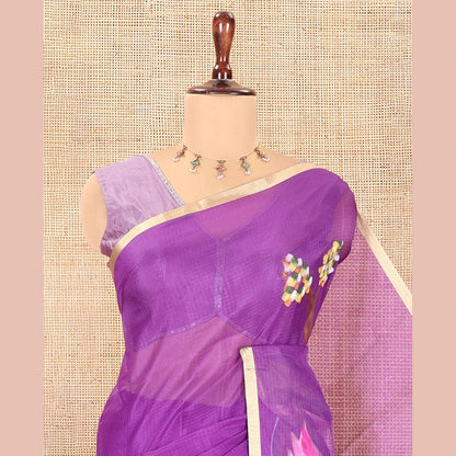 Pothys Violet Kota Chex Saree, Ornamented with Tree and Bird Print, a Piping Border, Pallu of Tree Motifs, and a Matching Blouse