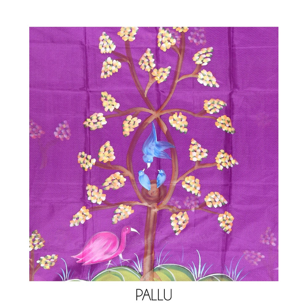 Pothys Violet Kota Chex Saree, Ornamented with Tree and Bird Print, a Piping Border, Pallu of Tree Motifs, and a Matching Blouse