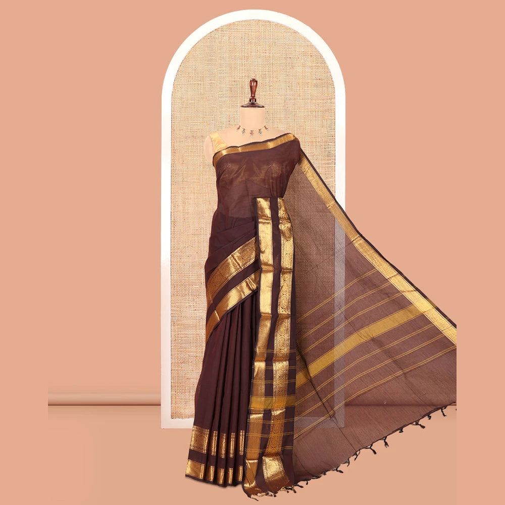 Pothys Brown Plain Chettinad Cotton Saree, a Zari Traditional Rettai Pettu Chakram Border, Striped Pallu, and a Matching Blouse
