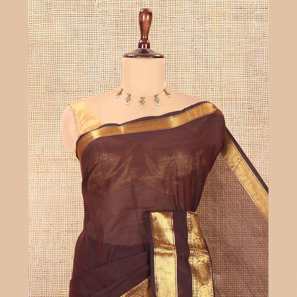 Pothys Brown Plain Chettinad Cotton Saree, a Zari Traditional Rettai Pettu Chakram Border, Striped Pallu, and a Matching Blouse