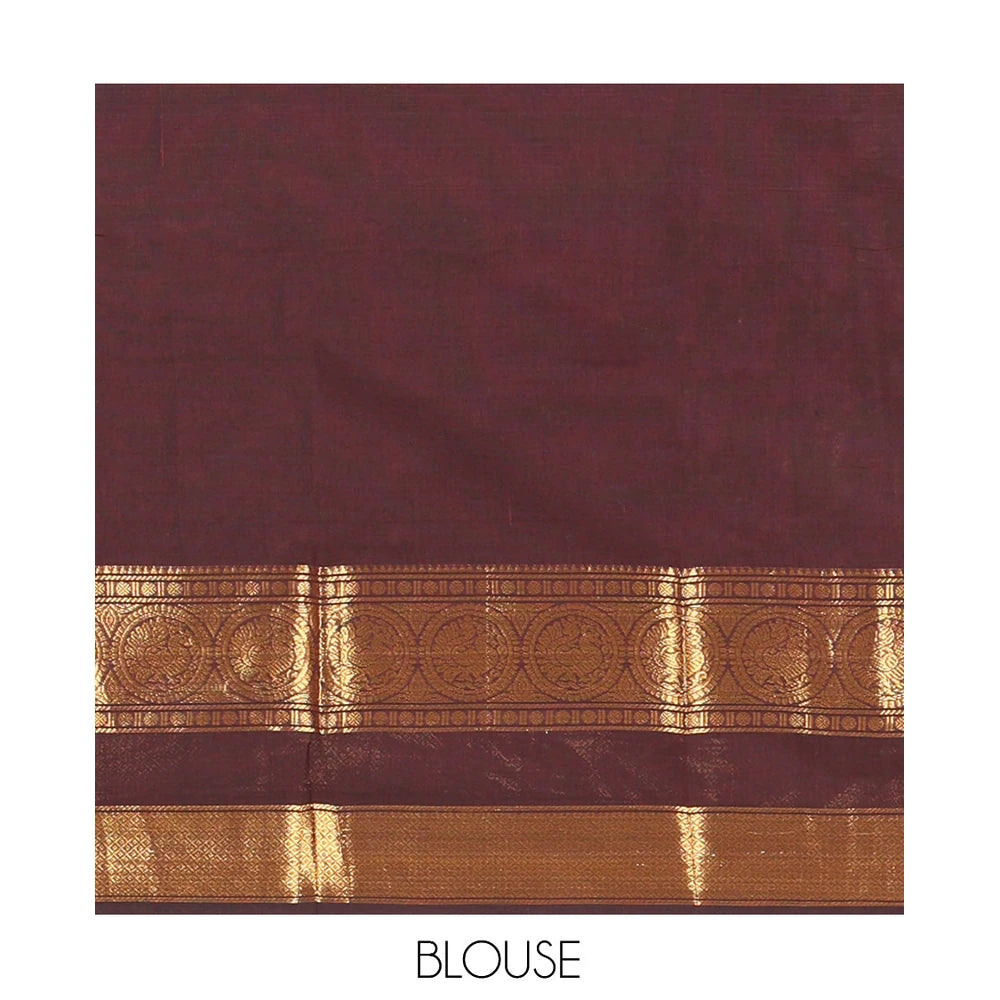 Pothys Brown Plain Chettinad Cotton Saree, a Zari Traditional Rettai Pettu Chakram Border, Striped Pallu, and a Matching Blouse