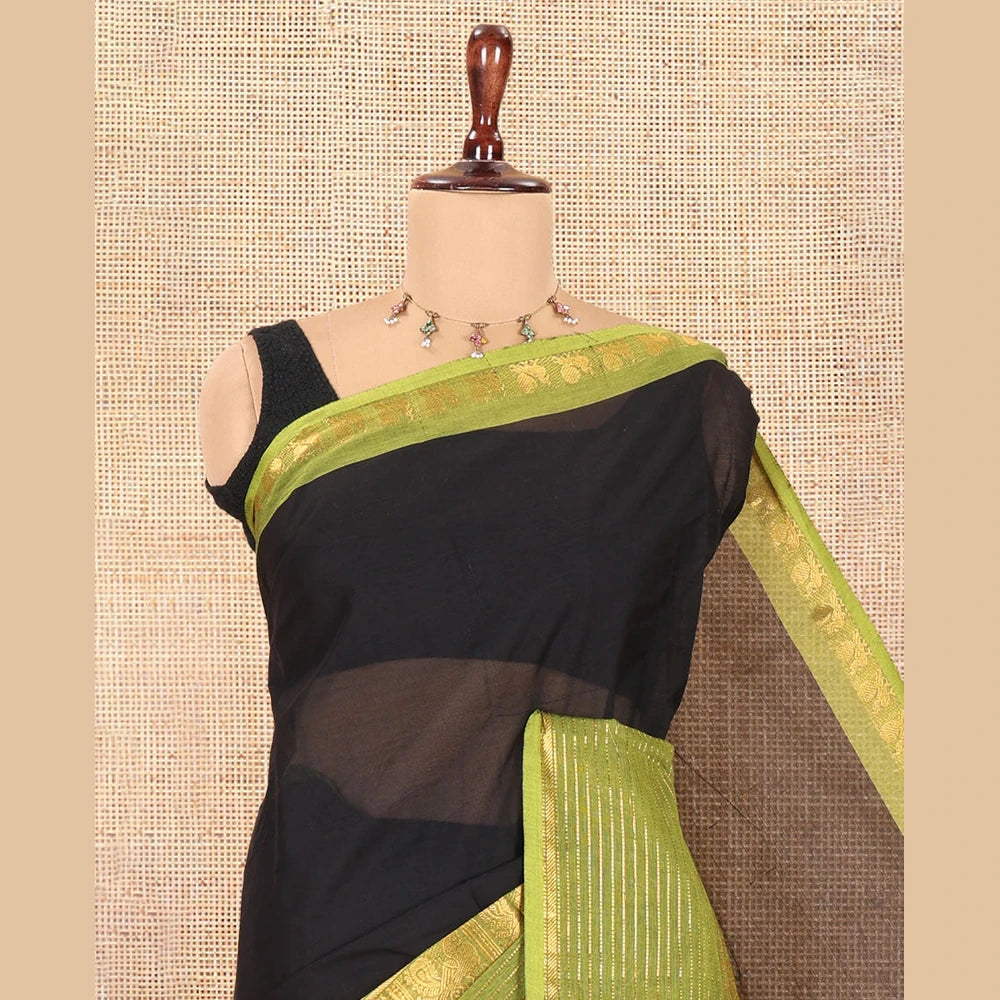 Pothys Black Plain Chettinad Cotton Saree, a Contrast Traditional Peacock Zari Border, Striped Pallu, and a Matching Blouse