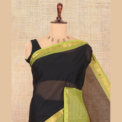 Pothys Black Plain Chettinad Cotton Saree, a Contrast Traditional Peacock Zari Border, Striped Pallu, and a Matching Blouse