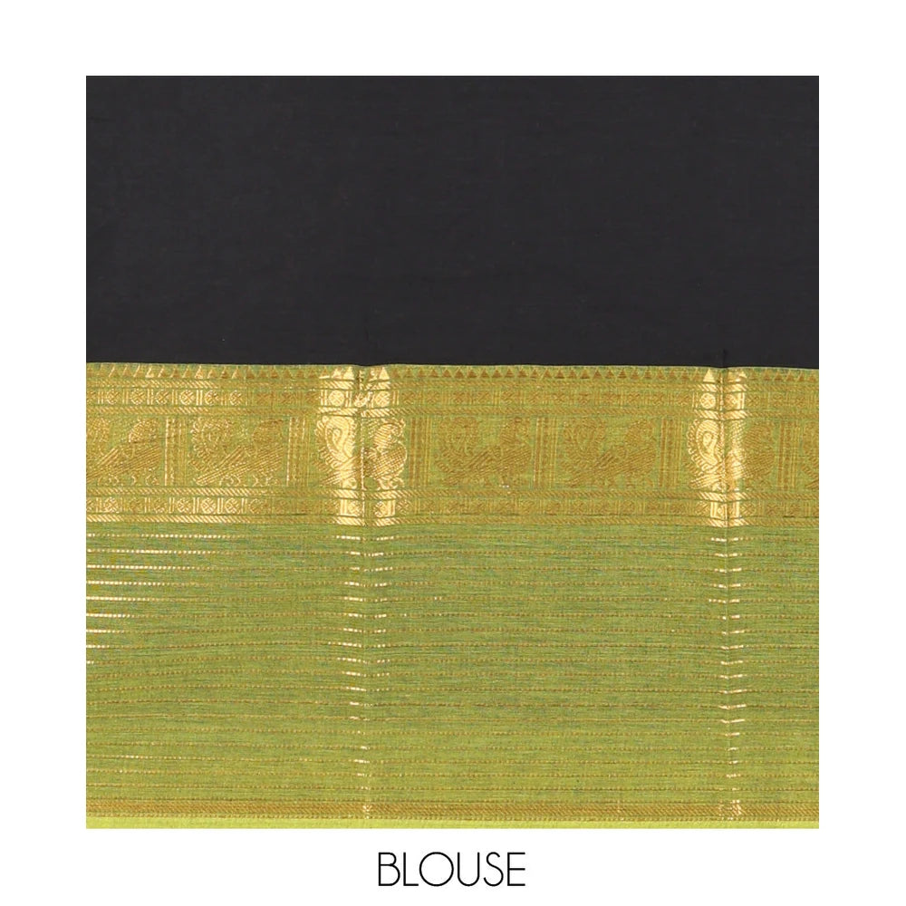 Pothys Black Plain Chettinad Cotton Saree, a Contrast Traditional Peacock Zari Border, Striped Pallu, and a Matching Blouse