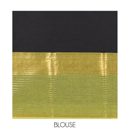 Pothys Black Plain Chettinad Cotton Saree, a Contrast Traditional Peacock Zari Border, Striped Pallu, and a Matching Blouse