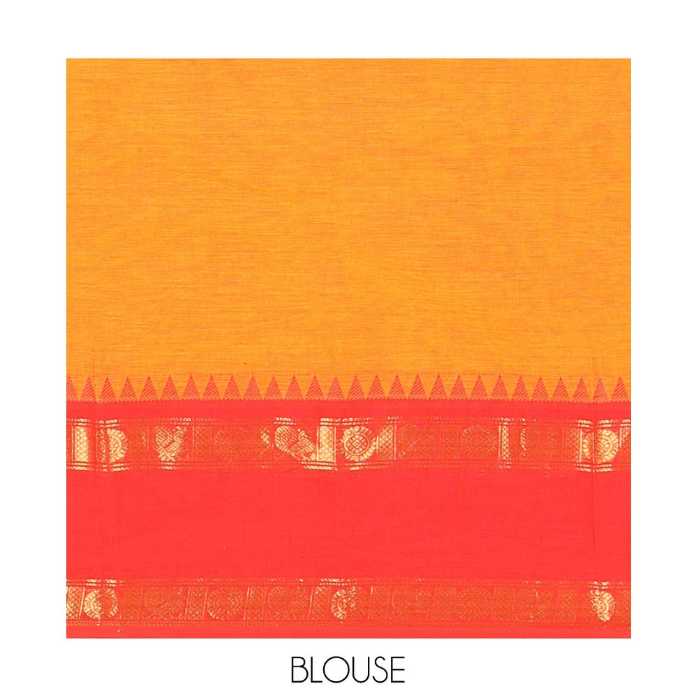 Pothys Orange Plain Chettinad Cotton Saree, a Contrast Rettai Pettu Peacock-Chakra Temple Border, Striped Pallu, a Matching Blouse