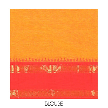 Pothys Orange Plain Chettinad Cotton Saree, a Contrast Rettai Pettu Peacock-Chakra Temple Border, Striped Pallu, a Matching Blouse