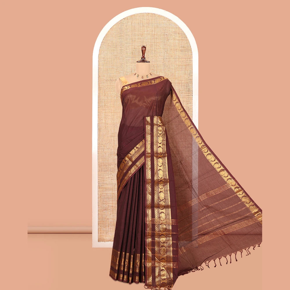 Pothys Coffee Brown Plain Chettinad Cotton Saree, a Traditional Zari Rettai Pettu Peacock Border, Striped Pallu, a Matching Blouse