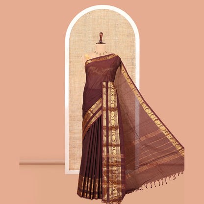 Pothys Coffee Brown Plain Chettinad Cotton Saree, a Traditional Zari Rettai Pettu Peacock Border, Striped Pallu, a Matching Blouse