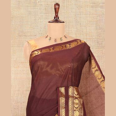 Pothys Coffee Brown Plain Chettinad Cotton Saree, a Traditional Zari Rettai Pettu Peacock Border, Striped Pallu, a Matching Blouse