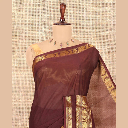 Pothys Coffee Brown Plain Chettinad Cotton Saree, a Traditional Zari Rettai Pettu Peacock Border, Striped Pallu, a Matching Blouse