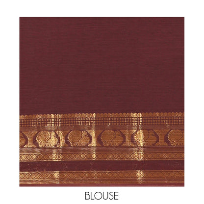 Pothys Coffee Brown Plain Chettinad Cotton Saree, a Traditional Zari Rettai Pettu Peacock Border, Striped Pallu, a Matching Blouse