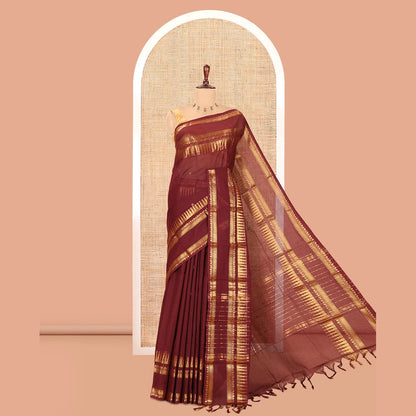 Pothys Coffee Brown Zari Buttas Chettinad Cotton Saree, a Traditional Zari Rettai Pettu Temple Border, Striped Pallu, a Matching Blouse