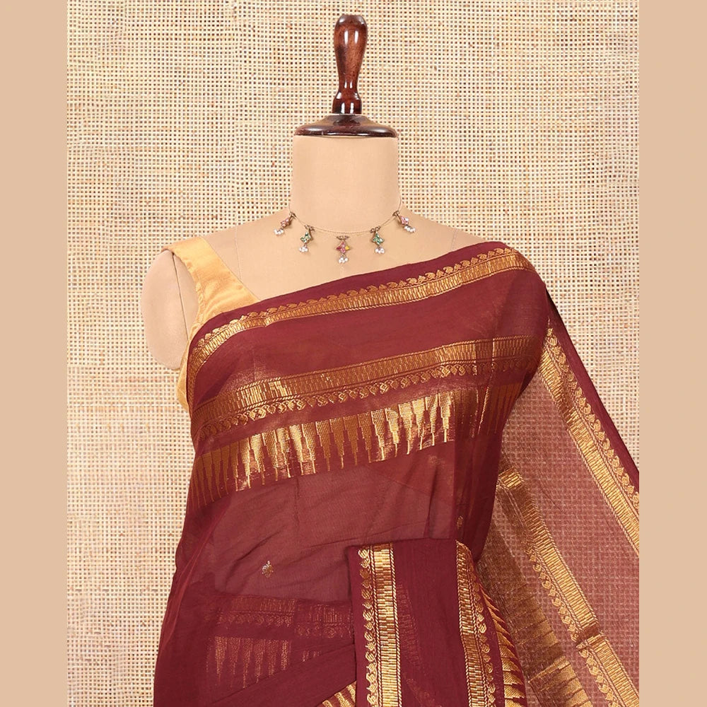 Pothys Coffee Brown Zari Buttas Chettinad Cotton Saree, a Traditional Zari Rettai Pettu Temple Border, Striped Pallu, a Matching Blouse