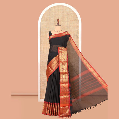 Pothys Black Plain Chettinad Cotton Saree, a Contrast Temple Elephant-Peacock Zari Border, Striped Pallu, a Matching Blouse