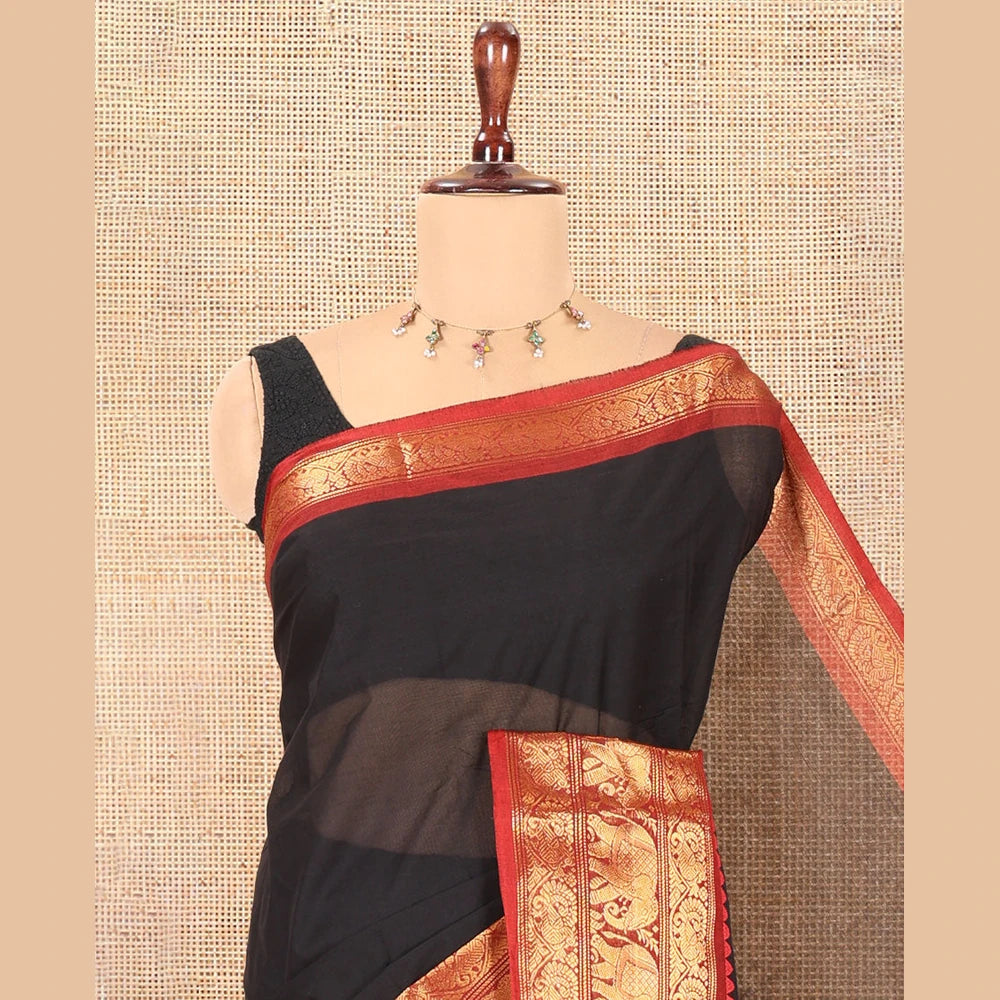 Pothys Black Plain Chettinad Cotton Saree, a Contrast Temple Elephant-Peacock Zari Border, Striped Pallu, a Matching Blouse