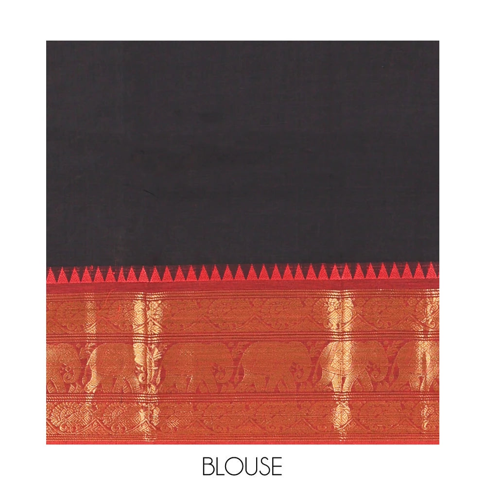 Pothys Black Plain Chettinad Cotton Saree, a Contrast Temple Elephant-Peacock Zari Border, Striped Pallu, a Matching Blouse