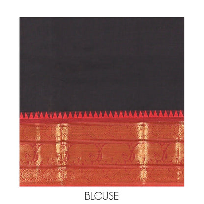 Pothys Black Plain Chettinad Cotton Saree, a Contrast Temple Elephant-Peacock Zari Border, Striped Pallu, a Matching Blouse