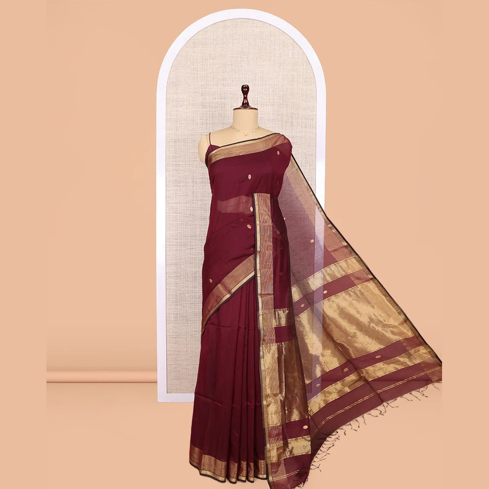 Pothys Maroon Maheshwari Cotton Saree, Bedecked with Buttas, Highlighted by a Traditional Zari Border, Zari Gleamed Up Pallu, and a Matching Blouse