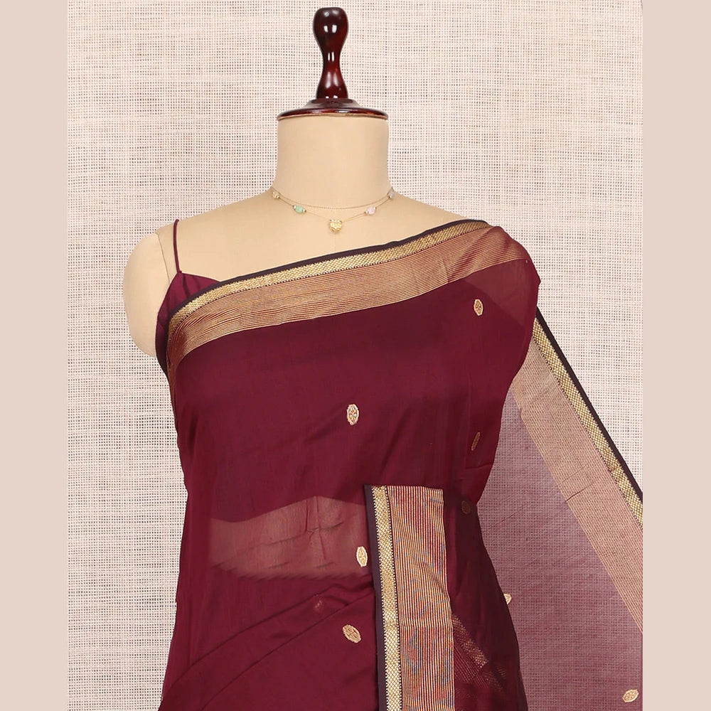 Pothys Maroon Maheshwari Cotton Saree, Bedecked with Buttas, Highlighted by a Traditional Zari Border, Zari Gleamed Up Pallu, and a Matching Blouse