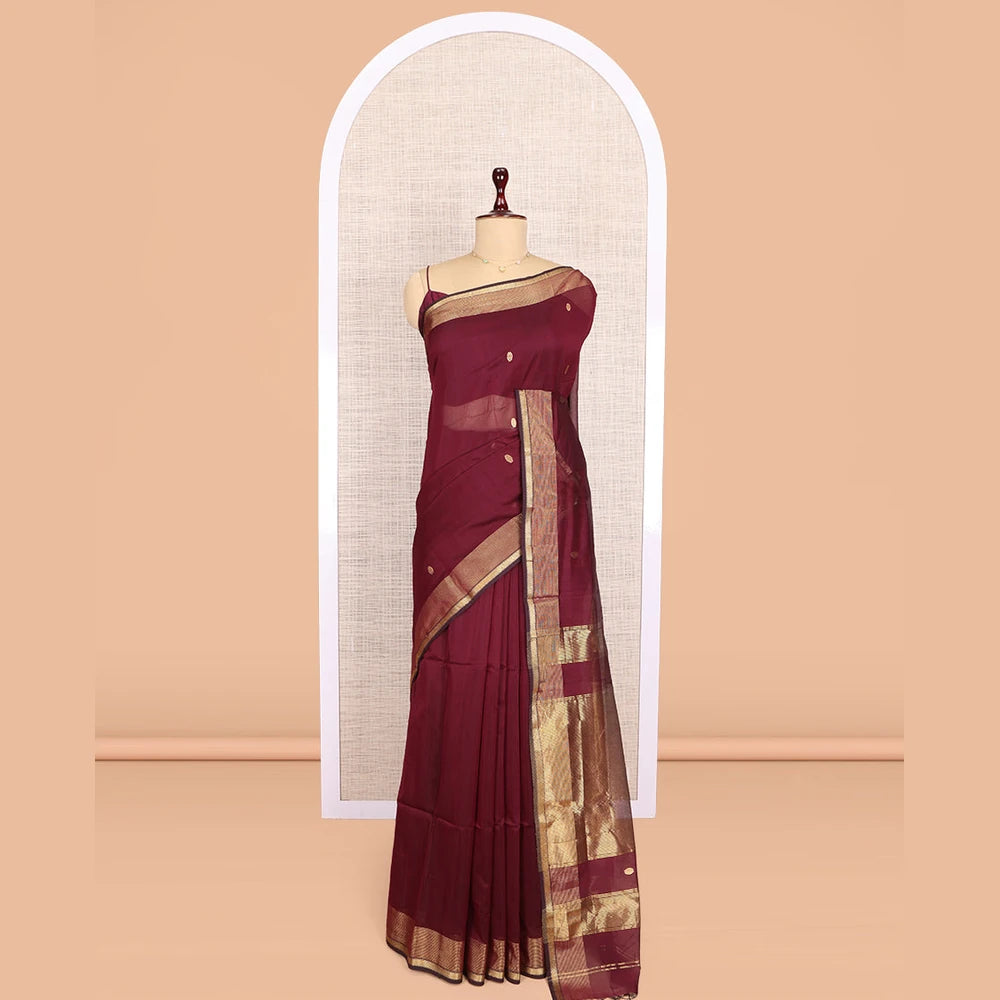 Pothys Maroon Maheshwari Cotton Saree, Bedecked with Buttas, Highlighted by a Traditional Zari Border, Zari Gleamed Up Pallu, and a Matching Blouse