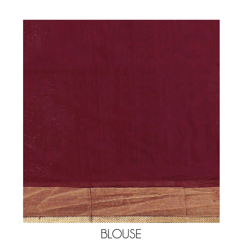 Pothys Maroon Maheshwari Cotton Saree, Bedecked with Buttas, Highlighted by a Traditional Zari Border, Zari Gleamed Up Pallu, and a Matching Blouse