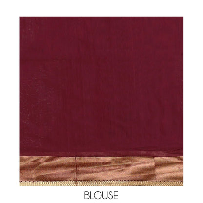 Pothys Maroon Maheshwari Cotton Saree, Bedecked with Buttas, Highlighted by a Traditional Zari Border, Zari Gleamed Up Pallu, and a Matching Blouse