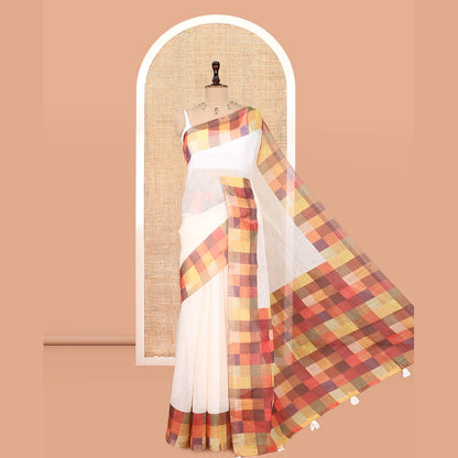 Pothys Cream-Yellow Plain Handloom Cotton Saree, a Contrast Checked Border, Checked Pallu, and a Contrast Blouse