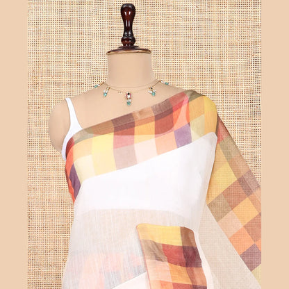 Pothys Cream-Yellow Plain Handloom Cotton Saree, a Contrast Checked Border, Checked Pallu, and a Contrast Blouse
