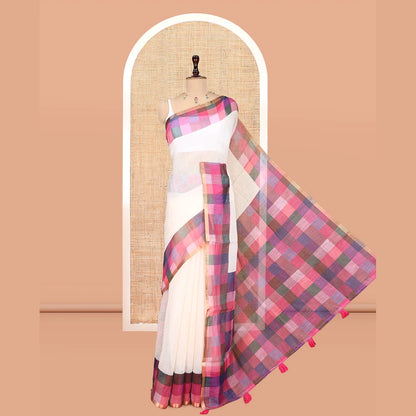 Pothys Cream-Pink Plain Handloom Cotton Saree, a Contrast Checked Border, Checked Pallu, and a Contrast Blouse