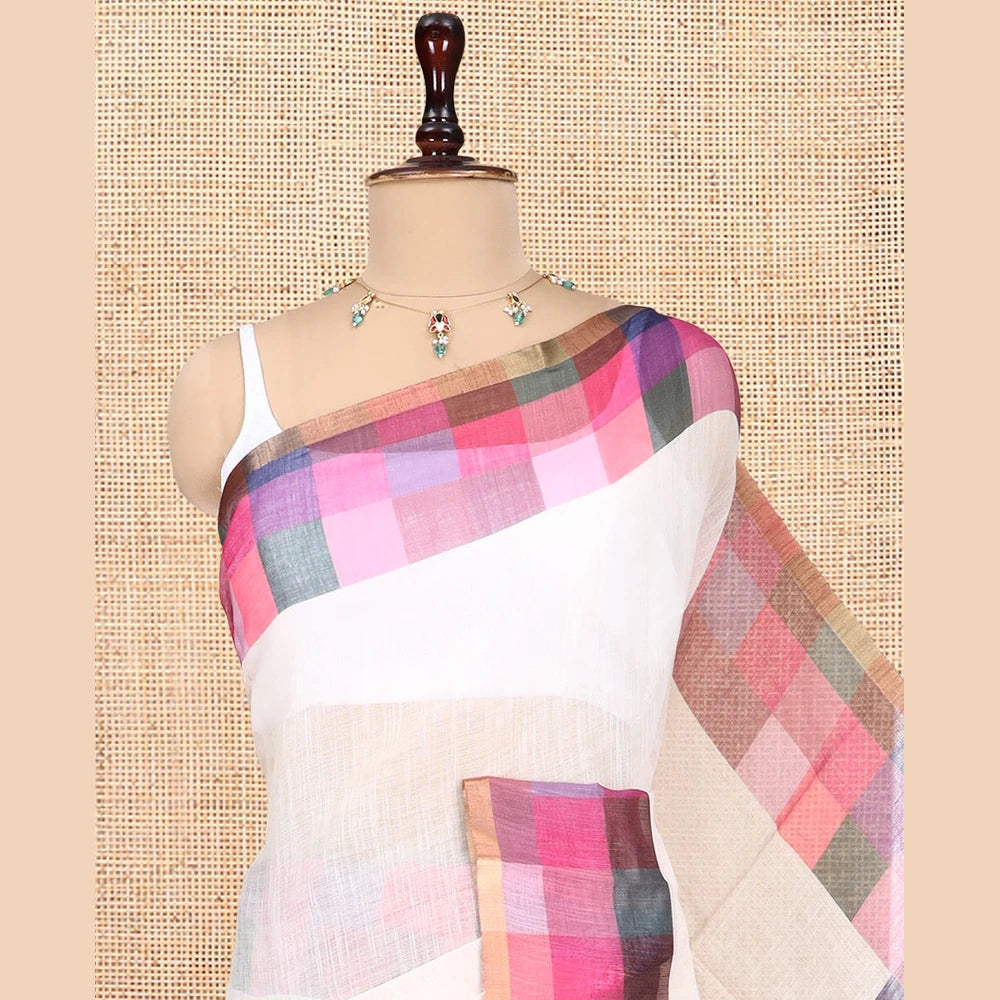 Pothys Cream-Pink Plain Handloom Cotton Saree, a Contrast Checked Border, Checked Pallu, and a Contrast Blouse