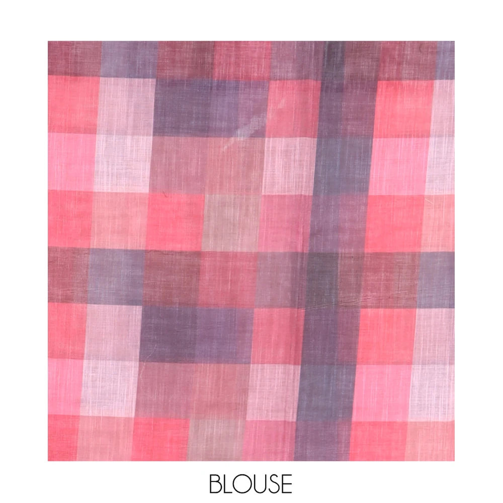 Pothys Cream-Pink Plain Handloom Cotton Saree, a Contrast Checked Border, Checked Pallu, and a Contrast Blouse