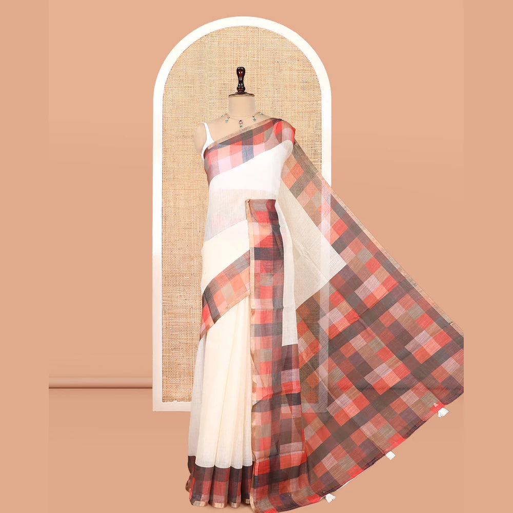 Pothys Cream-Rust Plain Handloom Cotton Saree, a Contrast Checked Border, Checked Pallu, and a Contrast Blouse