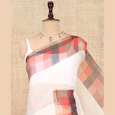 Pothys Cream-Rust Plain Handloom Cotton Saree, a Contrast Checked Border, Checked Pallu, and a Contrast Blouse