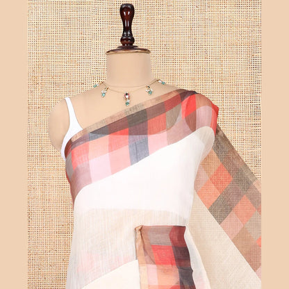 Pothys Cream-Rust Plain Handloom Cotton Saree, a Contrast Checked Border, Checked Pallu, and a Contrast Blouse