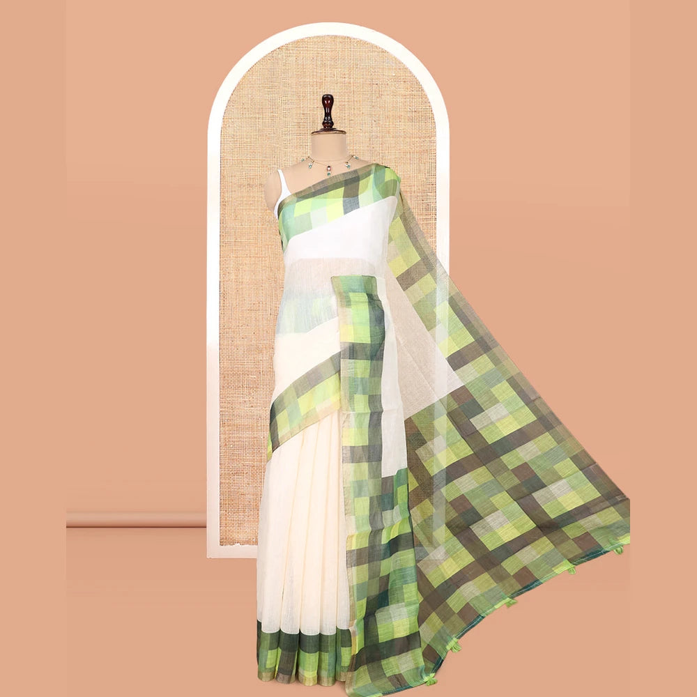 Pothys Cream-Green Plain Handloom Cotton Saree, a Contrast Checked Border, Checked Pallu, and a Contrast Blouse
