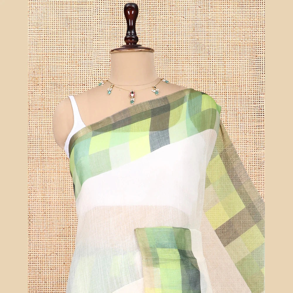 Pothys Cream-Green Plain Handloom Cotton Saree, a Contrast Checked Border, Checked Pallu, and a Contrast Blouse