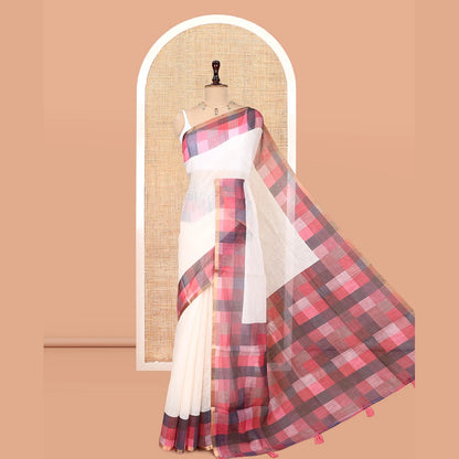 Pothys Cream-Dusky Pink Plain Handloom Cotton Saree, a Contrast Checked Border, Checked Pallu, and a Contrast Blouse
