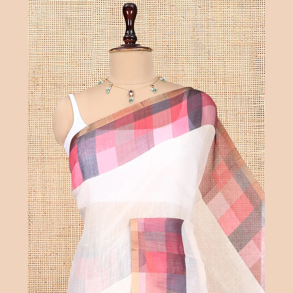 Pothys Cream-Dusky Pink Plain Handloom Cotton Saree, a Contrast Checked Border, Checked Pallu, and a Contrast Blouse