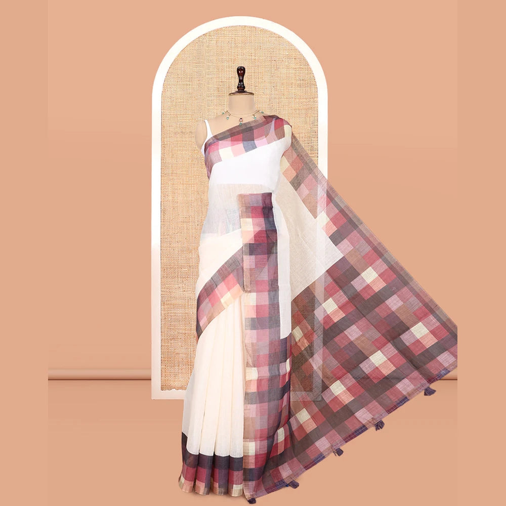 Pothys Cream-Brown Plain Handloom Cotton Saree, a Contrast Checked Border, Checked Pallu, and a Contrast Blouse