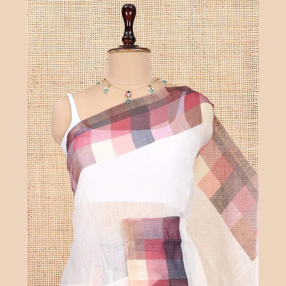 Pothys Cream-Brown Plain Handloom Cotton Saree, a Contrast Checked Border, Checked Pallu, and a Contrast Blouse
