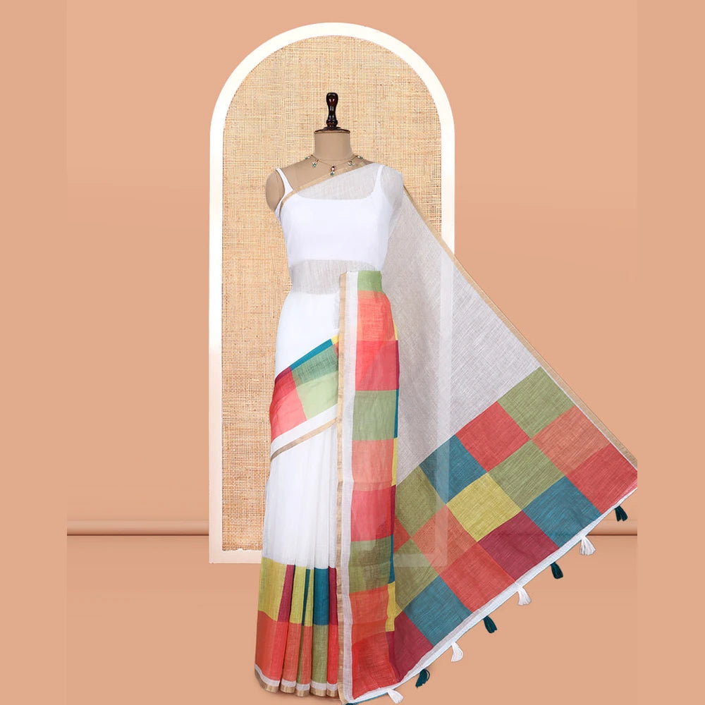 Pothys White Linen Cotton Saree, Complemented by a Contrast Multi-Color Checked Border, a Contrast Blouse