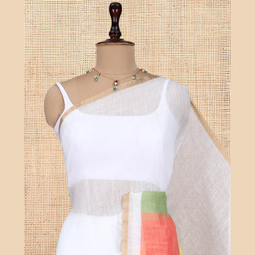 Pothys White Linen Cotton Saree, Complemented by a Contrast Multi-Color Checked Border, a Contrast Blouse