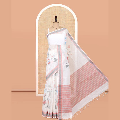 Pothys Off-White Handloom Cotton Saree Features Tree and Human Motifs, a Traditional Thread Border, Striped Pallu, a Contrast Blouse
