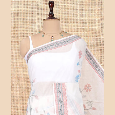 Pothys Off-White Handloom Cotton Saree Features Tree and Human Motifs, a Traditional Thread Border, Striped Pallu, a Contrast Blouse