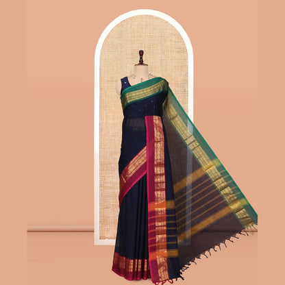Pothys Navy Blue Blue Plain Chettinad Cotton Saree, a Contrast Ganga-Jamuna Traditional Zari Border, Striped Pallu, a Matching Blouse
