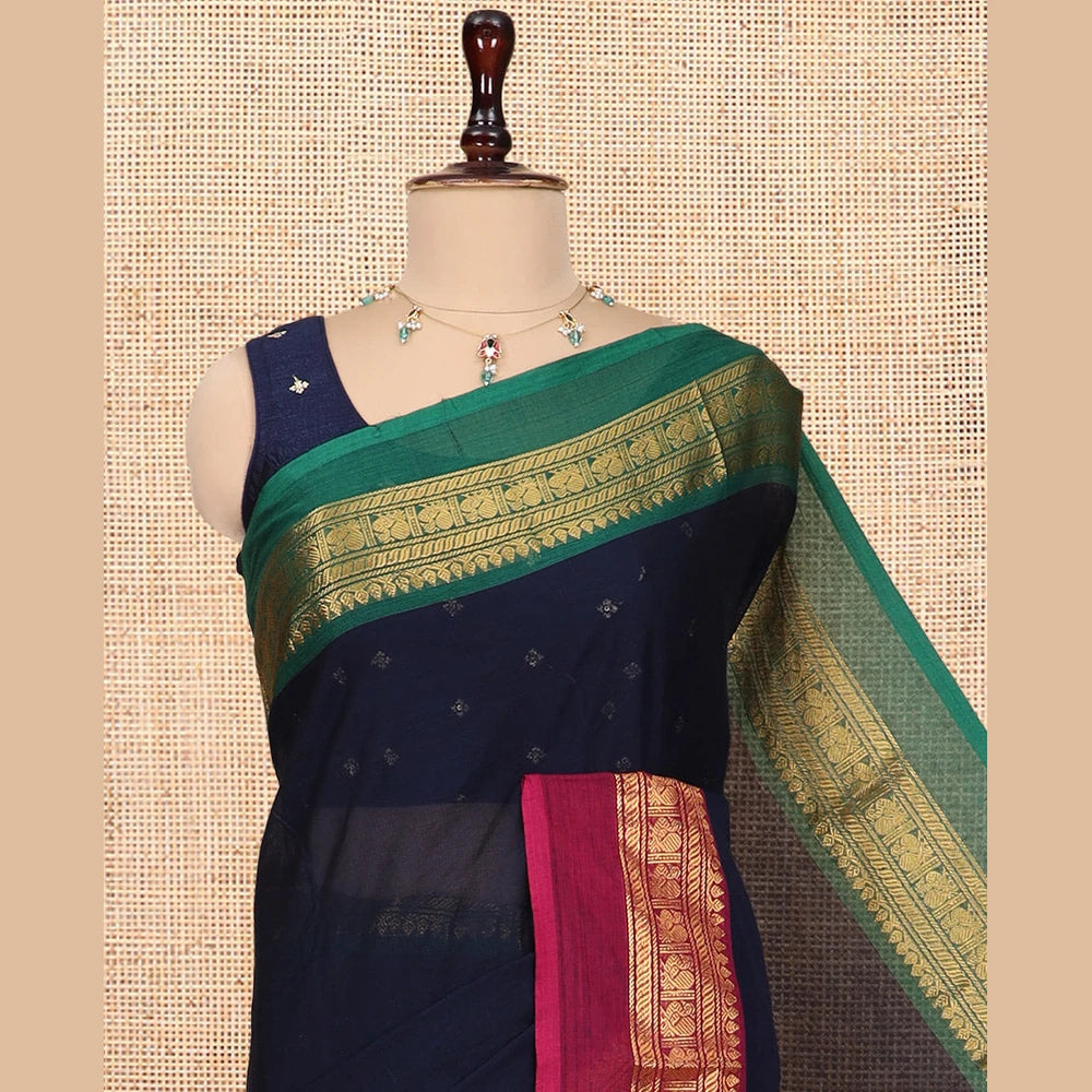 Pothys Navy Blue Blue Plain Chettinad Cotton Saree, a Contrast Ganga-Jamuna Traditional Zari Border, Striped Pallu, a Matching Blouse