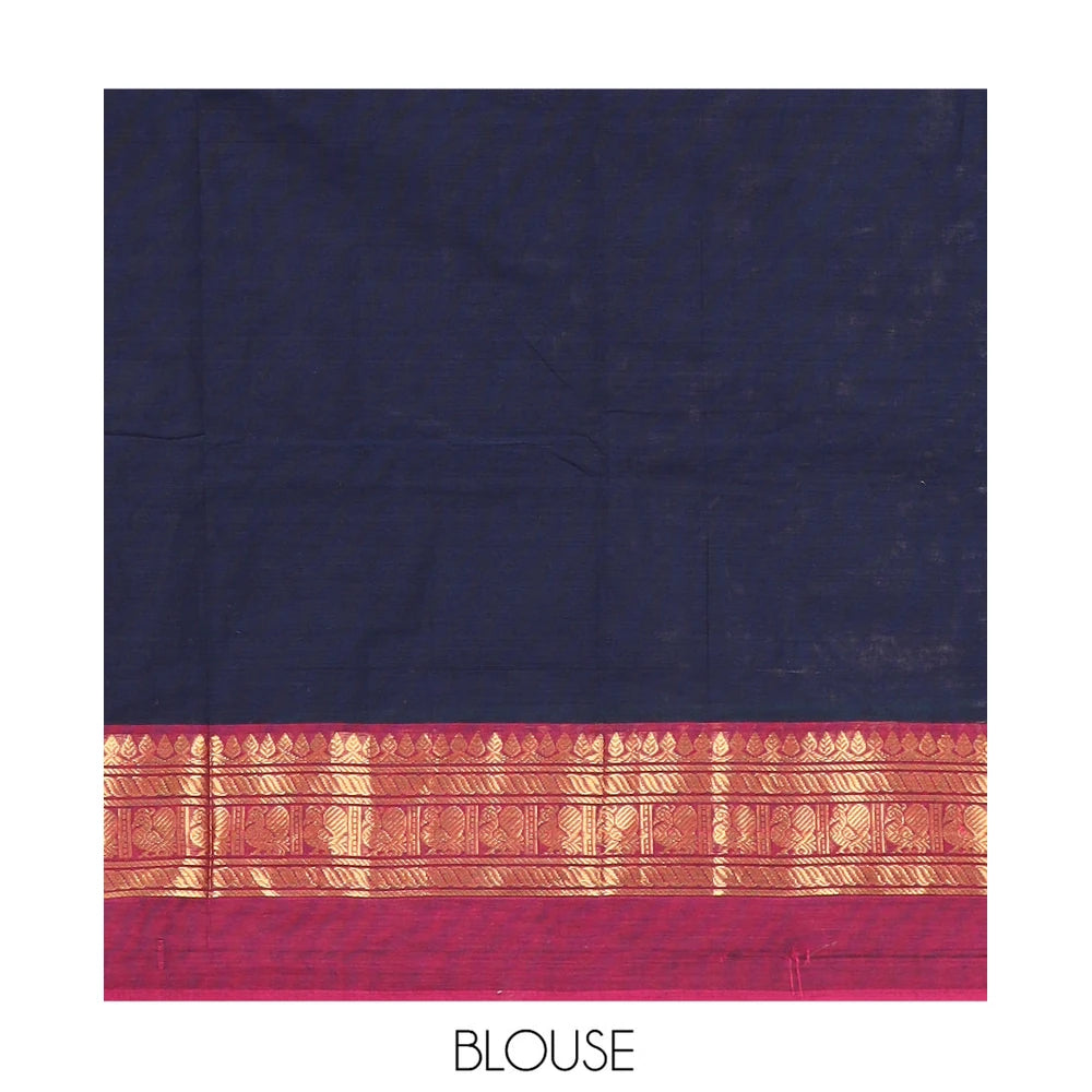 Pothys Navy Blue Blue Plain Chettinad Cotton Saree, a Contrast Ganga-Jamuna Traditional Zari Border, Striped Pallu, a Matching Blouse