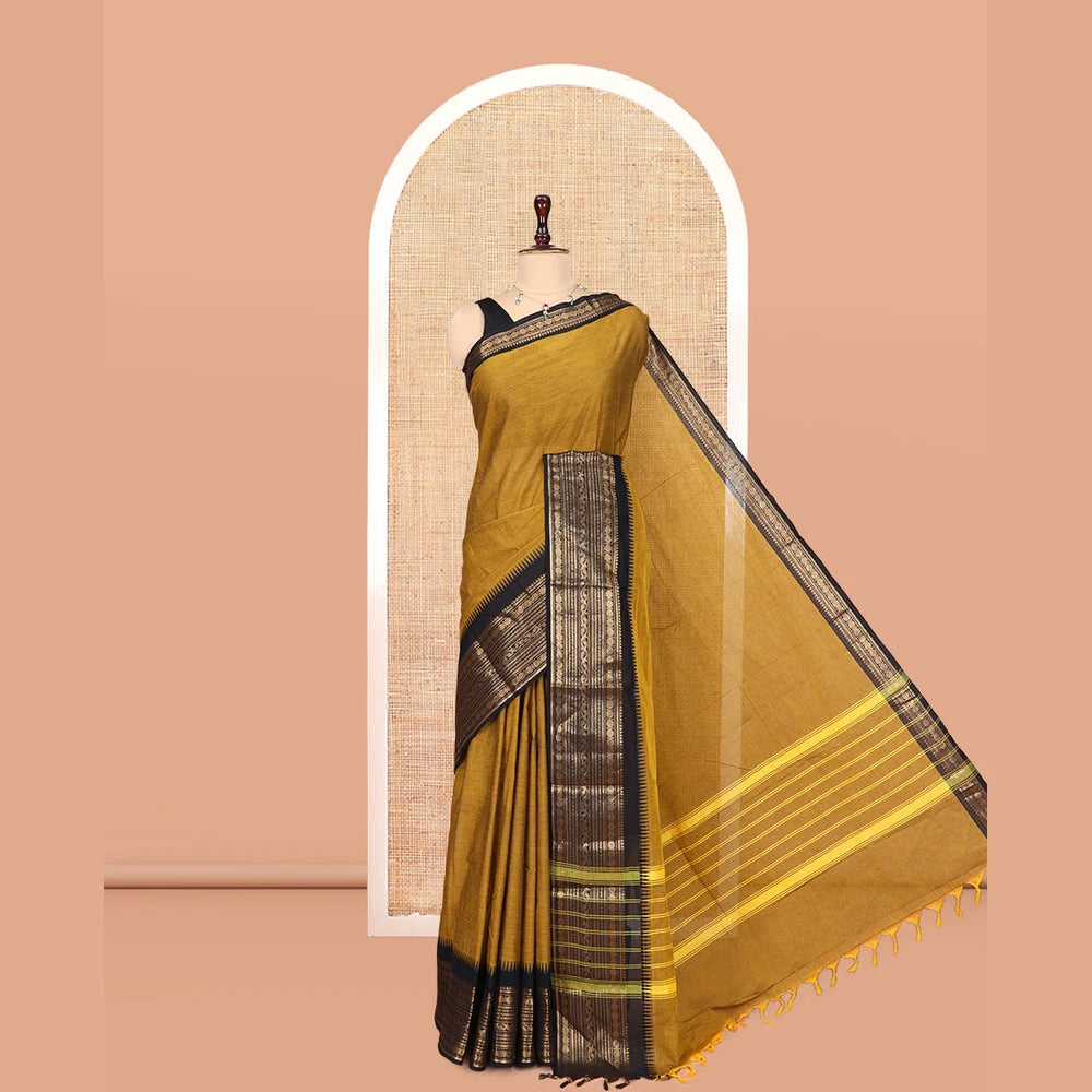 Pothys Mustard Plain Chettinad Cotton Saree, a Contrast Traditional Zari Temple Border, Striped Pallu, a Matching Blouse