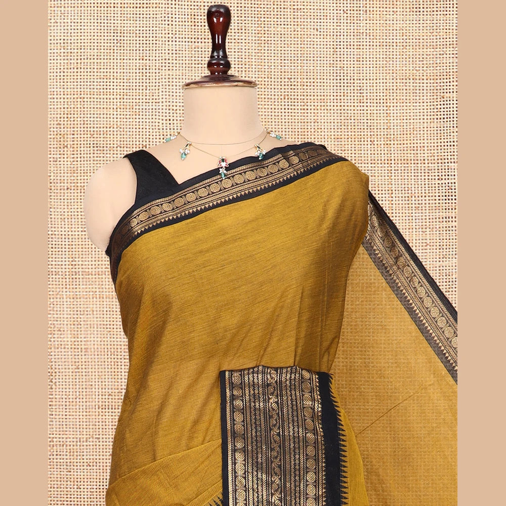 Pothys Mustard Plain Chettinad Cotton Saree, a Contrast Traditional Zari Temple Border, Striped Pallu, a Matching Blouse
